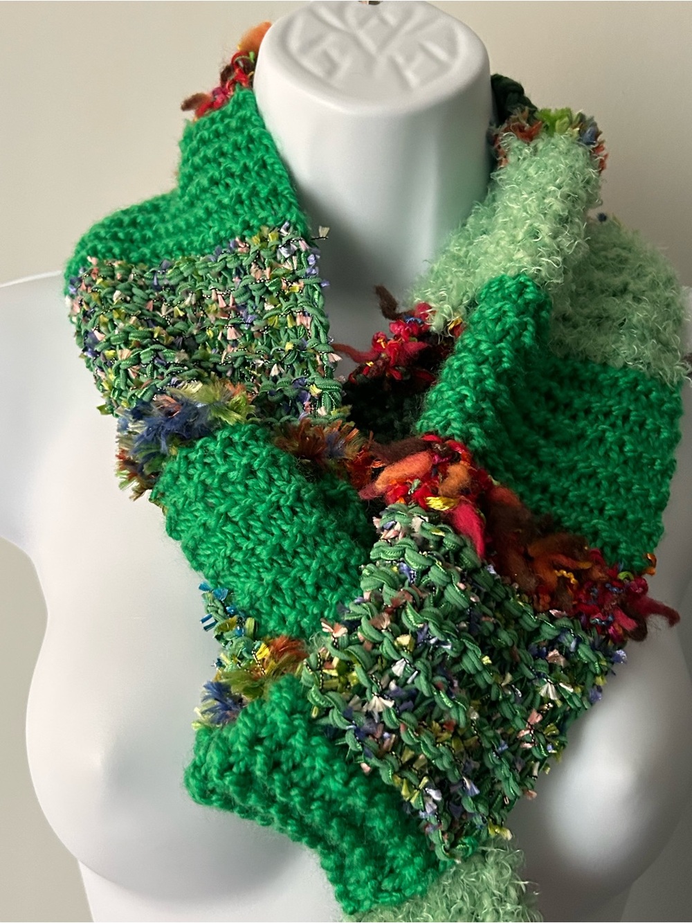Handcrafted Green Textured Women's Scarf with Multicolor Accents